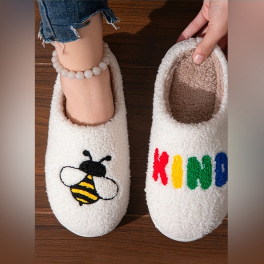 ZENANA Bee Kind White And Cream Fuzzy Slippers fit best for Womans Size 9 - Picture 2 of 5